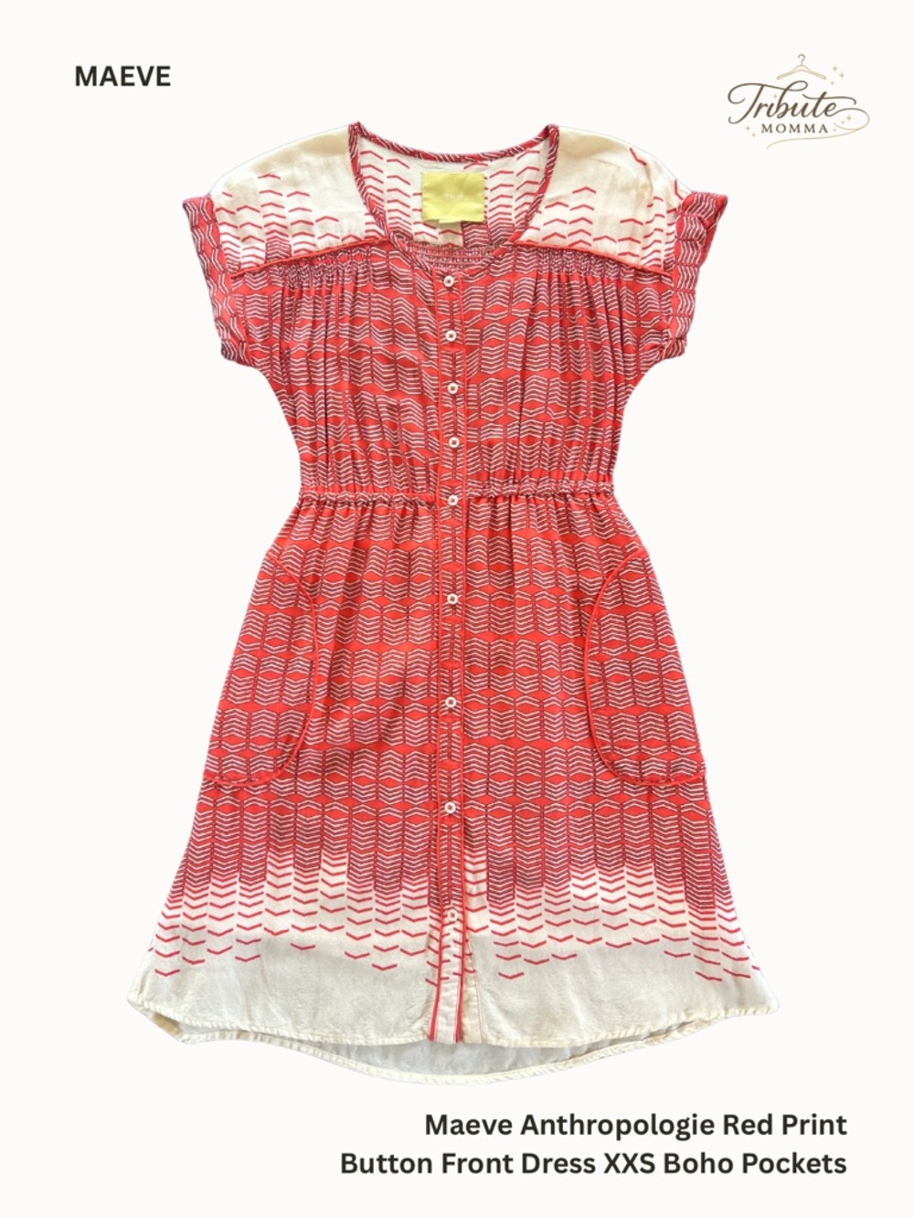 Maeve Anthropologie Red Print Button Front Dress XXS Boho Pockets